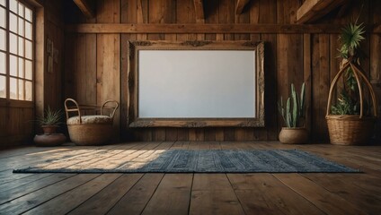 Wall Mural - Empty poster frame in a wooden boho-style room.