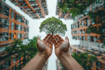 A person is holding a tree in their hands