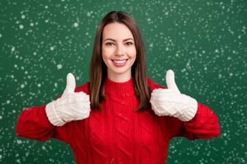 Sticker - Photo of young girl happy positive smile show thumb-up like fine recommend ad wear gloves isolated over green color background