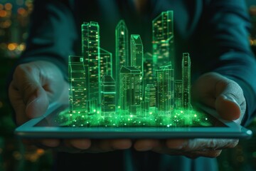 Wall Mural - A person is holding a tablet with a green city on it