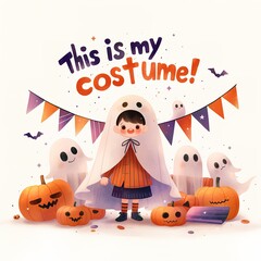 Wall Mural - Adorable kid in ghost costume surrounded by pumpkins and ghosts with text This is my costume