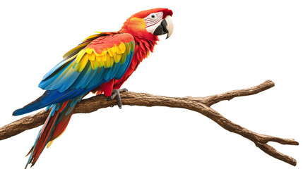 Exocotic colorful parrot on tree branch isolated on transparent or white background