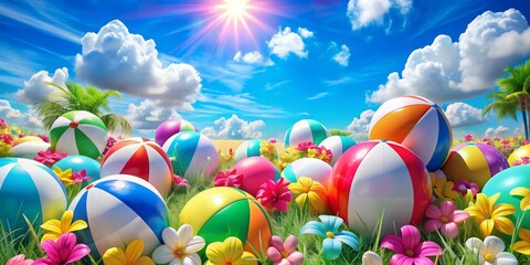 Vibrant pastel-colored beach balls, inflatables, and tropical flowers scattered against a sunny blue sky with fluffy