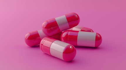 Virus treatment therapy with pills and capsules on a solid pink background.