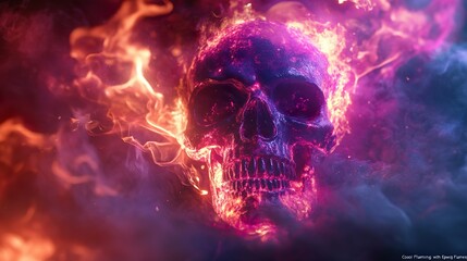 Dark and shadowy scene featuring a neon skull with fiery flames and glowing skeletal bones.