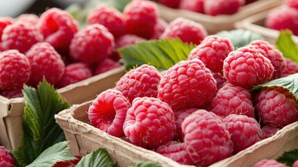 A display of fresh, market-ready raspberries (Rubus idaeus), perfect for a summer treat