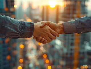 Silhouette of a construction worker shaking hands with another on top of a building at sunset, a group and team concept. 