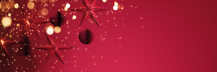 Wall Mural - glowing paper christmas stars with decoration on red background with copy space. christmas banner de