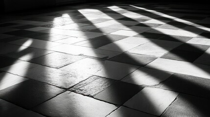 Poster - A monochrome image of a tiled floor with dramatic shadows creating a play of light.