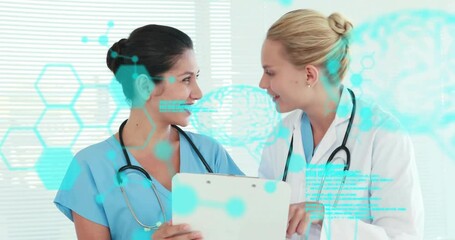 Poster - Animation of data processing with brains and molecules over diverse female doctor reading documents