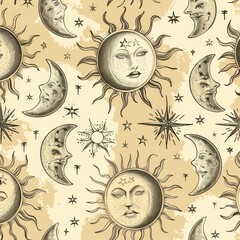 Wall Mural - retro celestial design with suns, moons, and stars in gold against a cream background, creating a vi