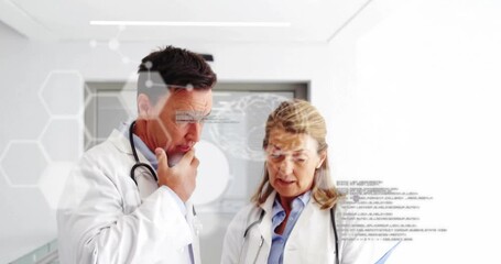 Poster - Animation of data processing with brains and molecules over diverse doctors reading documents