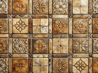 Weathered, earth-toned stone tiles with intricate texture and rustic cracks, arranged in a vintage-inspired mosaic