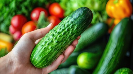 Sticker - A vibrant green cucumber being held in hand, with a blurred background of fresh vegetables.