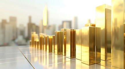 3D render of a gold bar graph Gold trade chart stock analysis on growth financial business money market with profit investment exchange graph data concept and global economy currency diagram