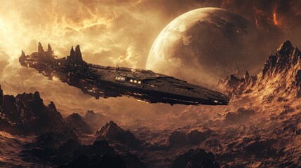 Wall Mural - Spaceship Soaring Through a Dramatic Alien Landscape