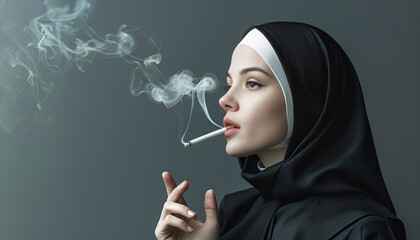 Woman in nun habit smoking cigarette on grey background