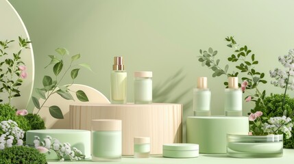 Poster - Organic cosmetics display with pastel green wood podium and natural theme.