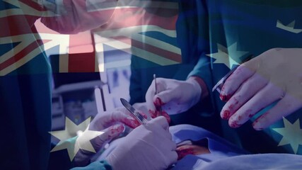 Poster - Animation of flag of australia over caucasian surgeons during surgery