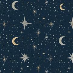 elegant celestial pattern with gold crescent moons and stars on a dark blue background, creating a l