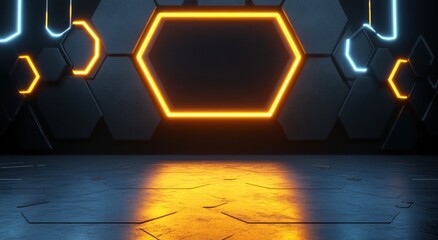 Neon Lights in a Futuristic Hexagon-Shaped Room