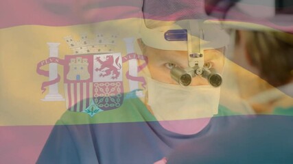 Poster - Animation of flag of spain over caucasian surgeons during surgery