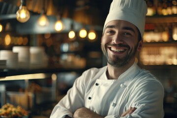 Wall Mural - Portrait of a smiling American chef in commercial kitchen