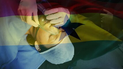 Poster - Animation of flag of ghana over biracial female patient with oxygen mask during surgery