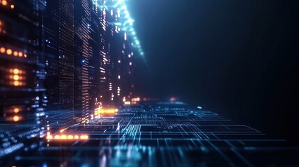 Fototapete - High-resolution 3D render of a futuristic digital background featuring glowing lights and circuit board elements on a dark blue backdrop, representing cutting-edge AI technology and abstract data scie