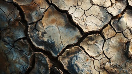 Cracked earth revealing a textured surface, indicative of drought or arid conditions.