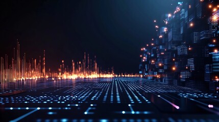 Fototapete - High-resolution 3D render of a futuristic digital background featuring glowing lights and circuit board elements on a dark blue backdrop, representing cutting-edge AI technology and abstract data scie