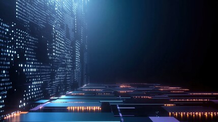 Fototapete - High-resolution 3D render of a futuristic digital background featuring glowing lights and circuit board elements on a dark blue backdrop, representing cutting-edge AI technology and abstract data scie