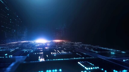 Fototapete - High-resolution 3D render of a futuristic digital background featuring glowing lights and circuit board elements on a dark blue backdrop, representing cutting-edge AI technology and abstract data scie