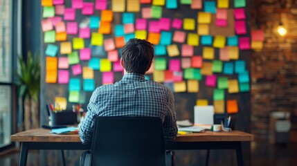 Poster - Person brainstorming in a modern workspace surrounded by colorful sticky notes on a brick wall during the day