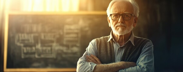 Wall Mural - Old teacher is standing in front of blackboard with arms crossed at school, banner. Generative AI.