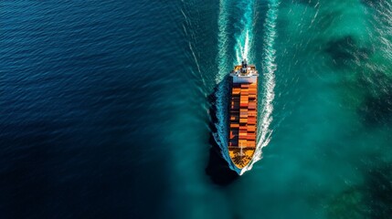 Wall Mural - Aerial view of a cargo ship navigating through clear turquoise waters, leaving a trail behind. Perfect for marine and transport themes.