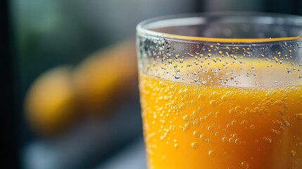 A close-up of a glass filled with orange fizzy drink, highlighting bubbles and vibrant color.