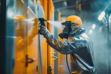 Wall Mural - Factory worker applying paint with spray gun industrial manufacturing process