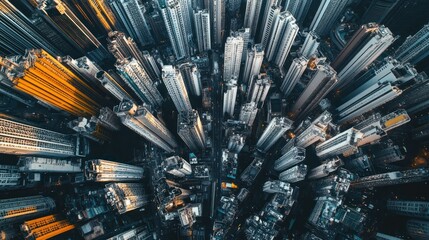 Sticker - Aerial view of a densely packed urban skyline showcasing tall buildings and city layout.