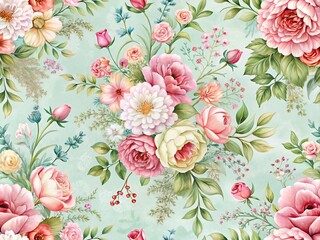 Wall Mural - romantic floral motifs combining soft pastel hues with intricate details and subtle shine for a nostalgic appeal