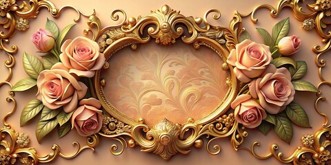 Wall Mural - Rose and gold frame with delicate floral details, elegant luxury style, ornate carvings, warm golden hue, romantic vintage concept.