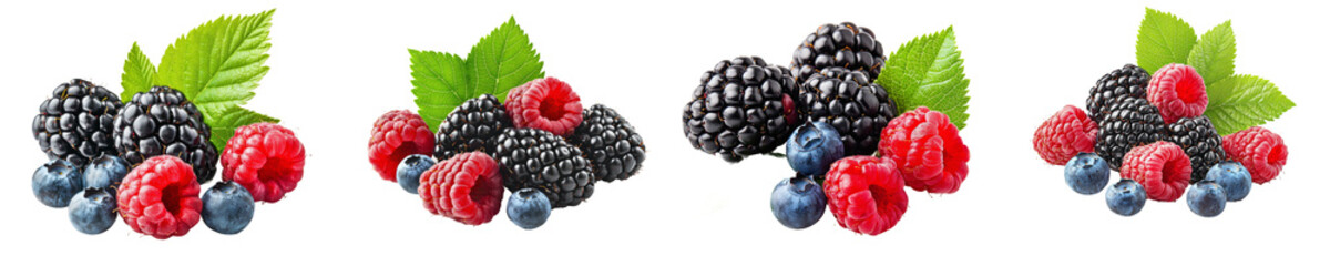 Wall Mural - Mixed berries, raspberry, blueberry, blackberry, isolated on white background, full depth of field