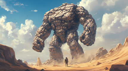 A colossal stone golem whose chest becomes the rocky terrain of a desert, with sand dunes piling up around its limbs,. Golem. Illustration