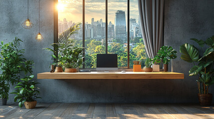 Poster - Minimalist home office with a city view.