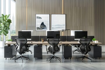 Wall Mural - Modern office workstations with chairs and desks and monitors