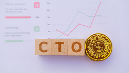 Wooden cube with the word CTO. It is an abbreviation of Chief Technology Officer. Business profitability success growth profitability analytics. Business and financial market concept.