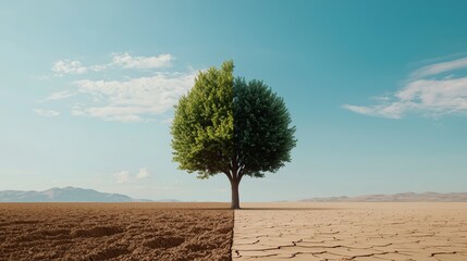 a powerful visual metaphor for environmental transformation, showing a tree split between two extrem