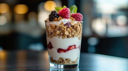 Poster - A delicious parfait layered with yogurt, granola, and fresh berries, perfect for a healthy snack.