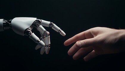 A robotic hand and a human hand suspended in the dark, their fingers reaching out, symbolizing the delicate balance of control and collaboration between man and machine