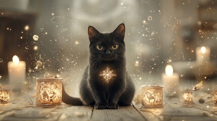 Black cat in a wizard s robe surrounded by glowing magical symbols, wizard cat, mysterious feline in costume